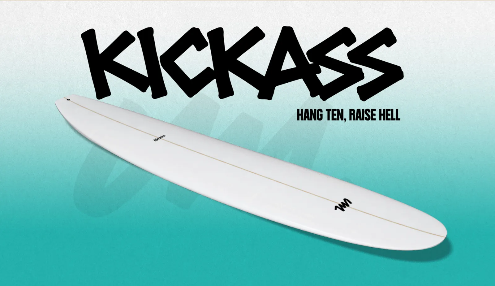 Le Kick Ass, longboard performance UWL Surfboards, sur fond teal